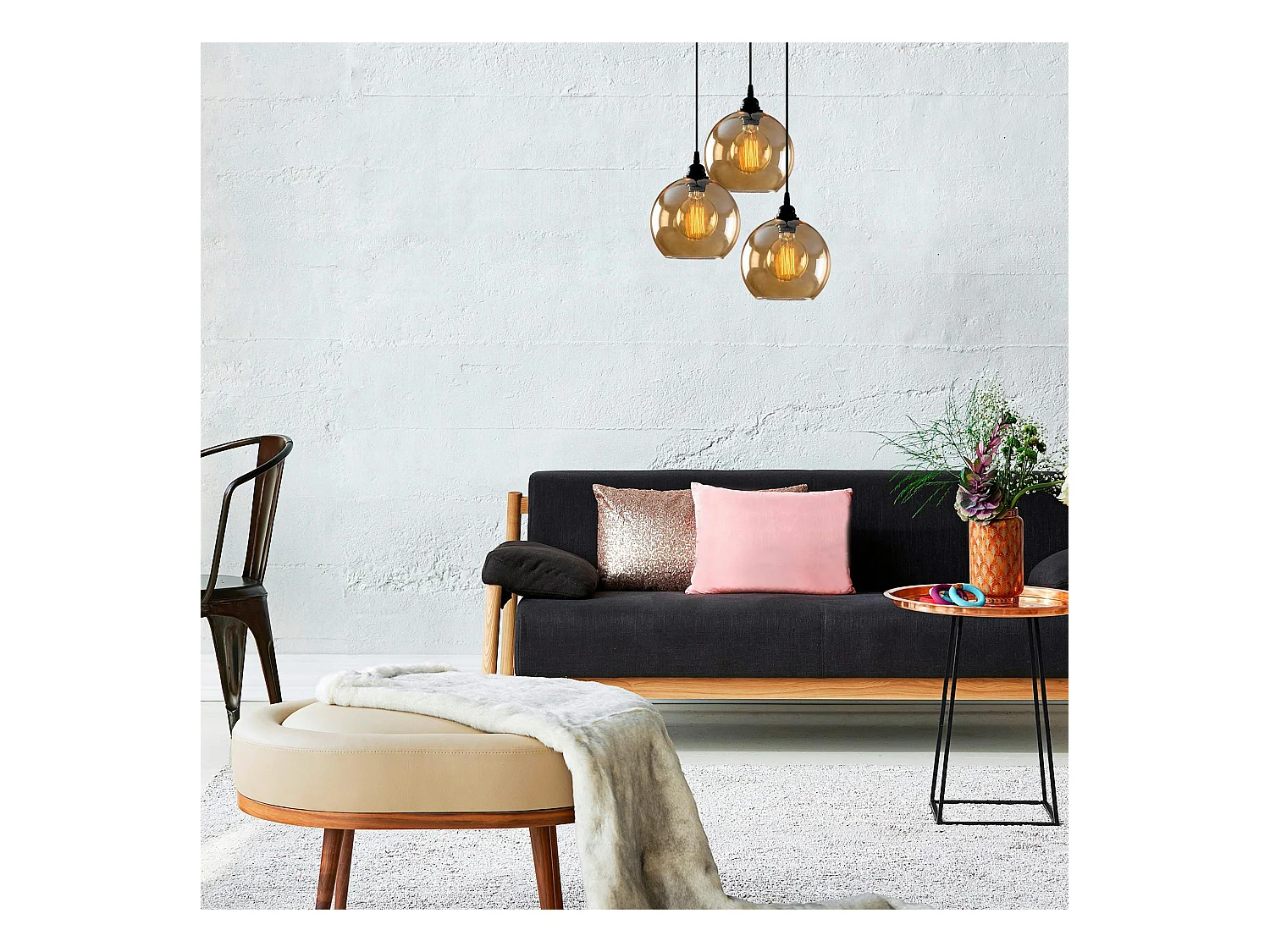 Suspension grappe moderne en verre doré, 3 globes SIVAS