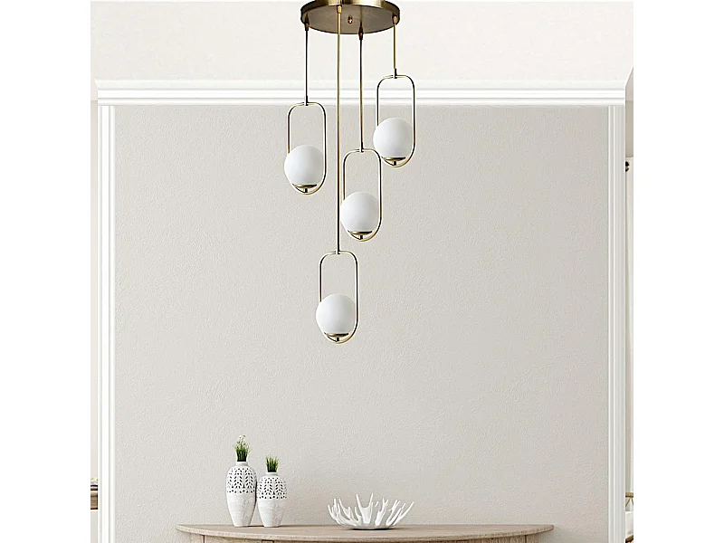 Suspension vintage cuivrée 4 globes blancs sur cadres SIERRE