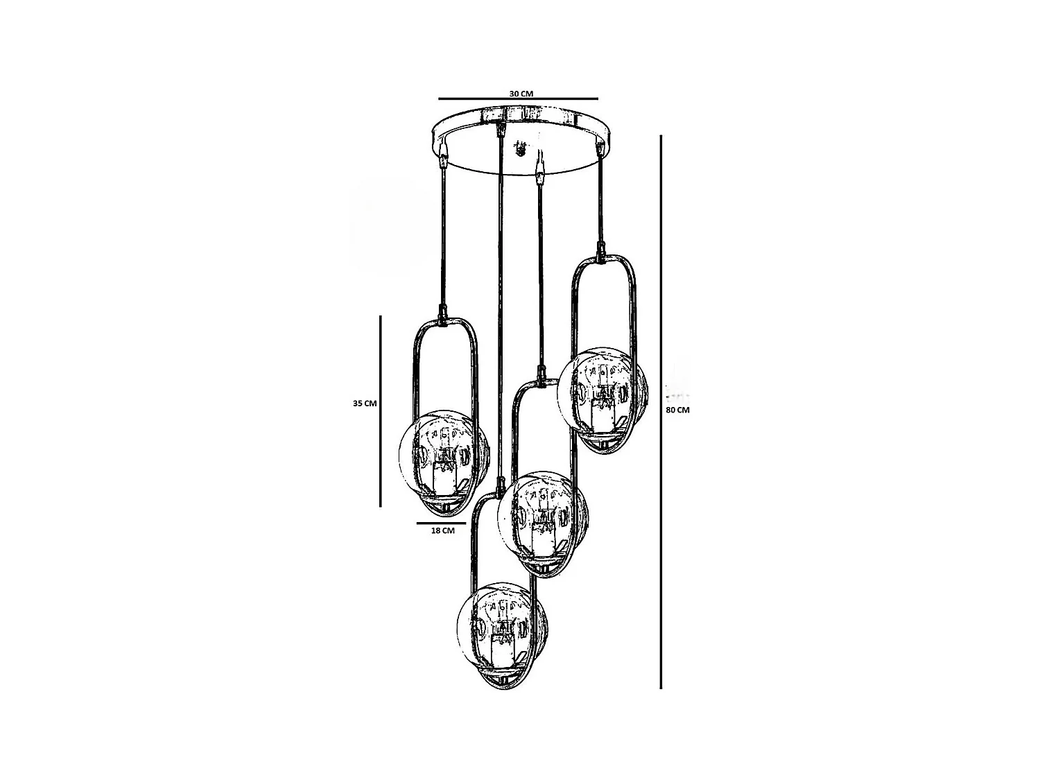 Suspension vintage cuivrée 4 globes blancs sur cadres SIERRE