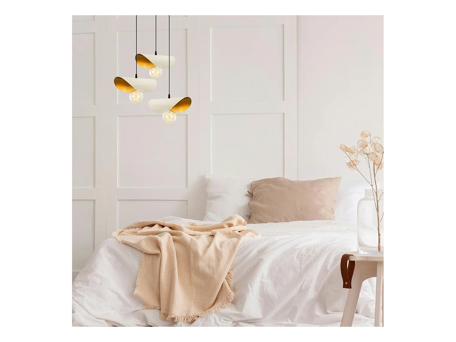 Suspension moderne chic métal crème & doré, 3 abat-jour SINOP