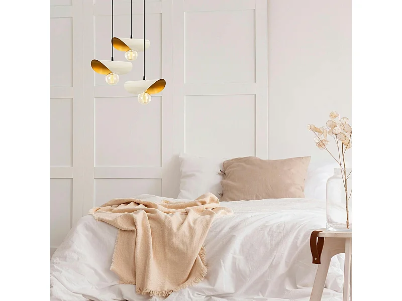 Suspension moderne chic métal crème & doré, 3 abat-jour SINOP