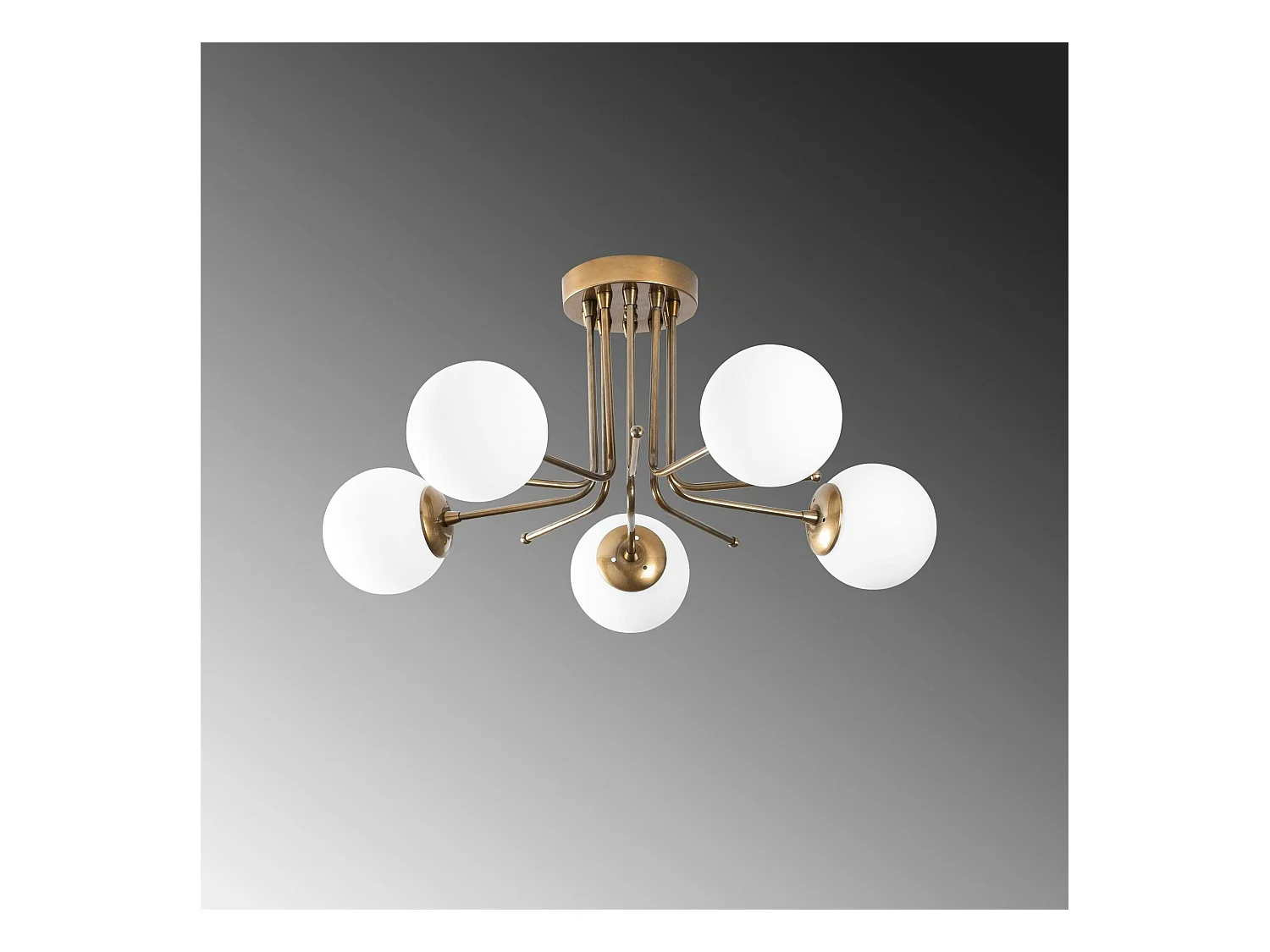 Plafonnier vintage métal doré 5 globes verre dépoli SIERRE