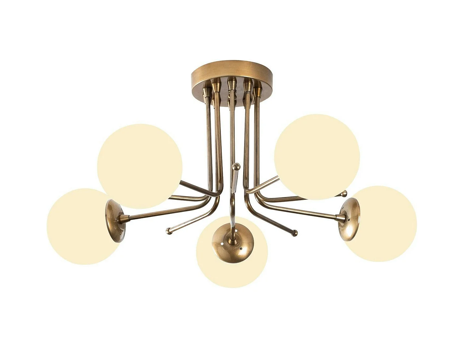 Plafonnier vintage métal doré 5 globes verre dépoli SIERRE