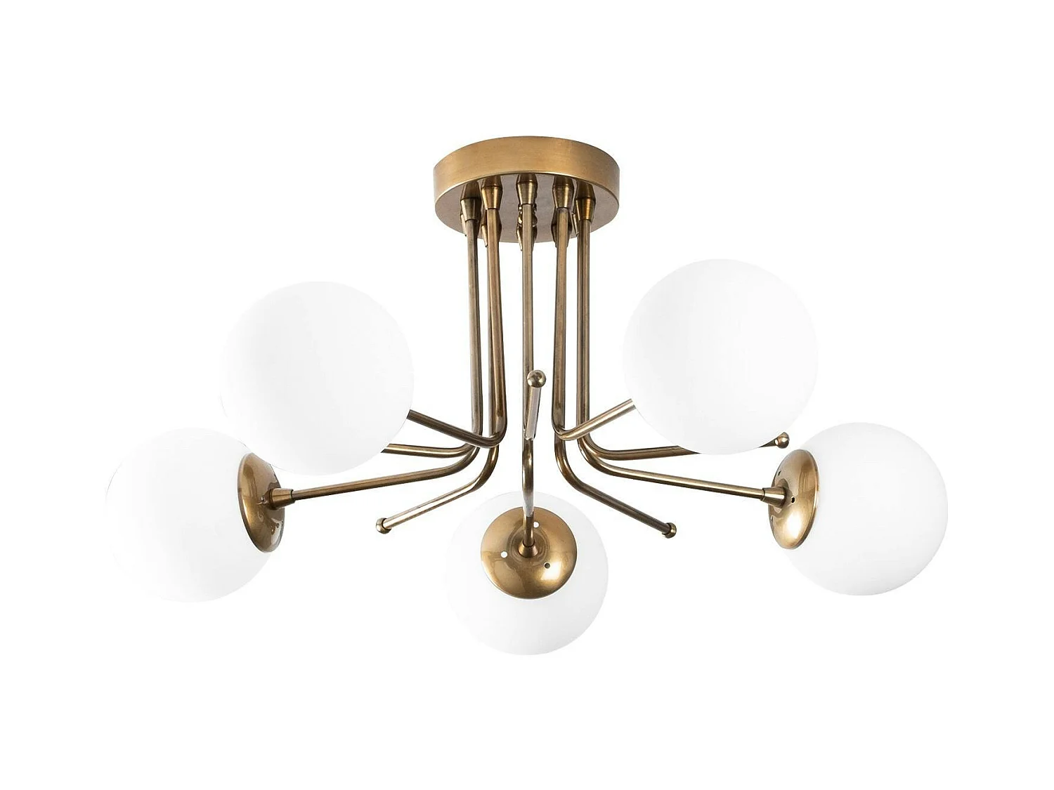 Plafonnier vintage métal doré 5 globes verre dépoli SIERRE