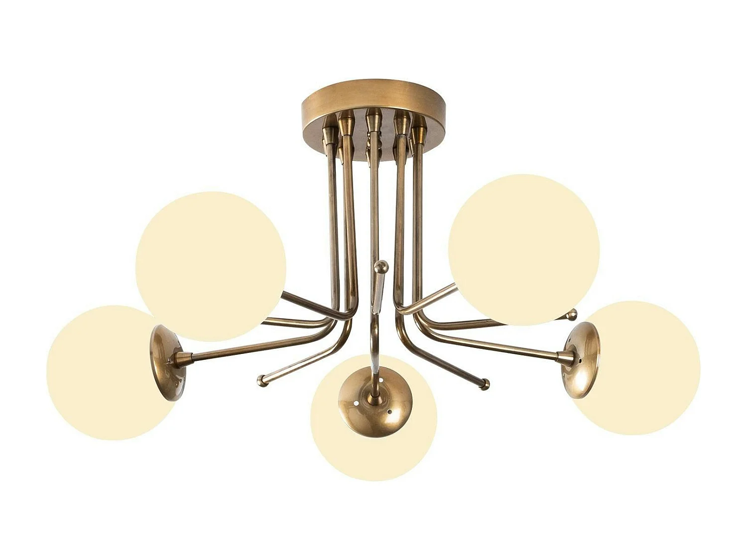 Plafonnier vintage métal doré 5 globes verre dépoli SIERRE