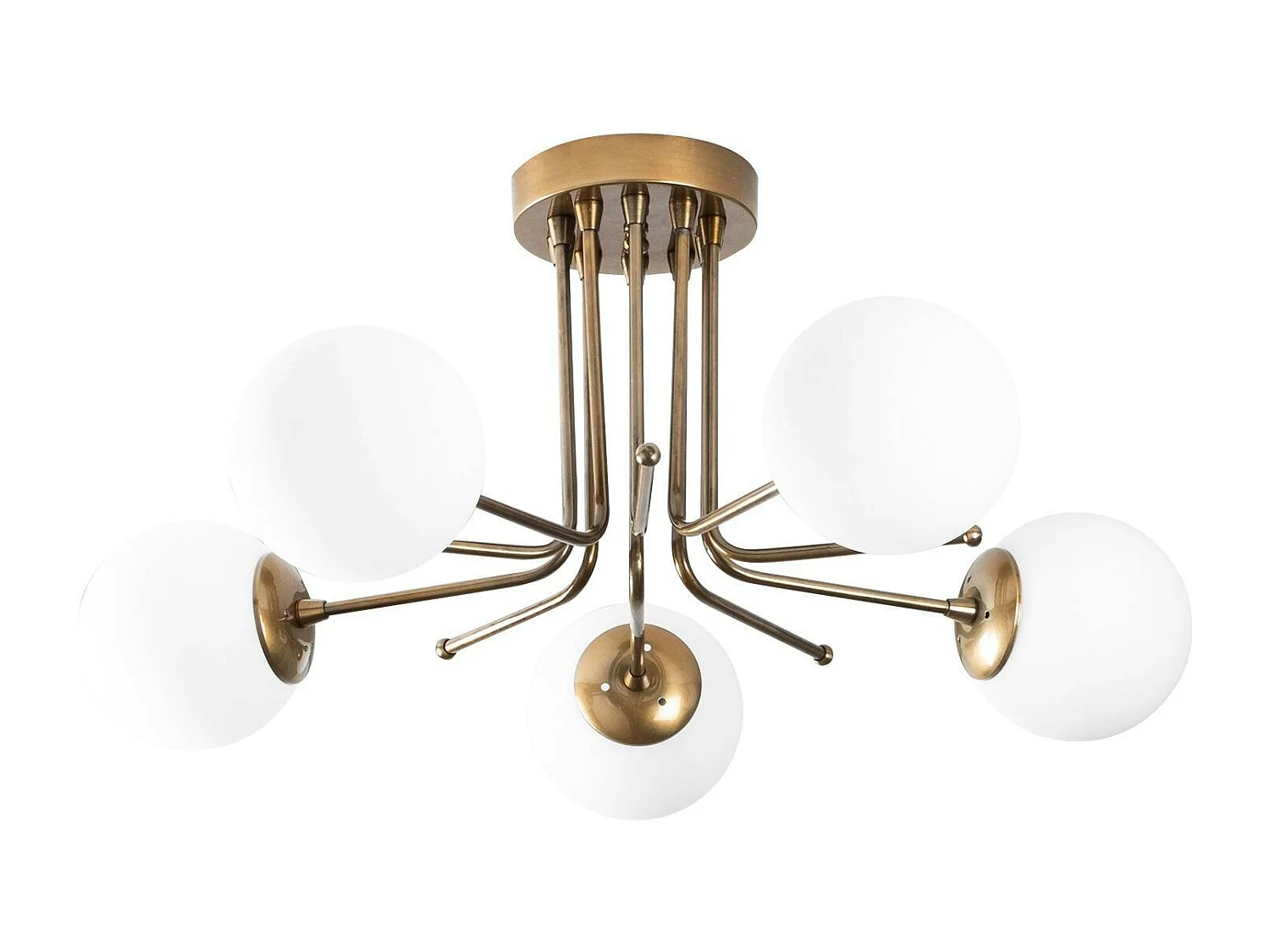 Plafonnier vintage métal doré 5 globes verre dépoli SIERRE