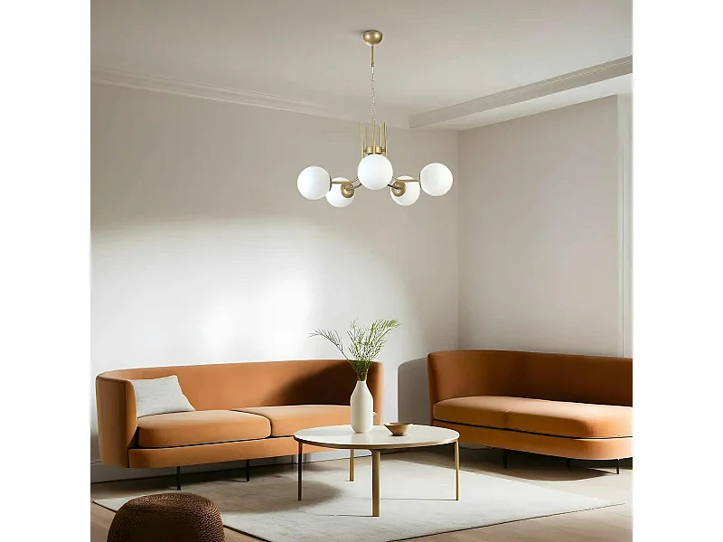 Suspension art déco dorée, 5 globes verre dépoli SIERRE