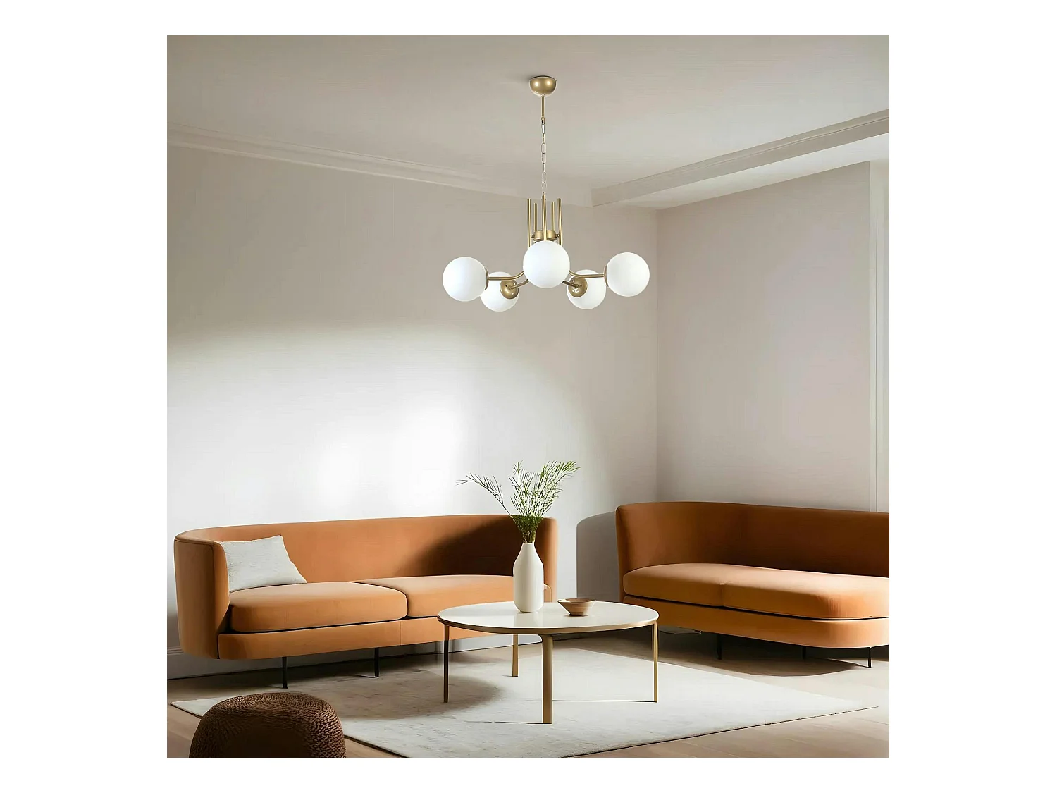 Suspension art déco dorée, 5 globes verre dépoli SIERRE