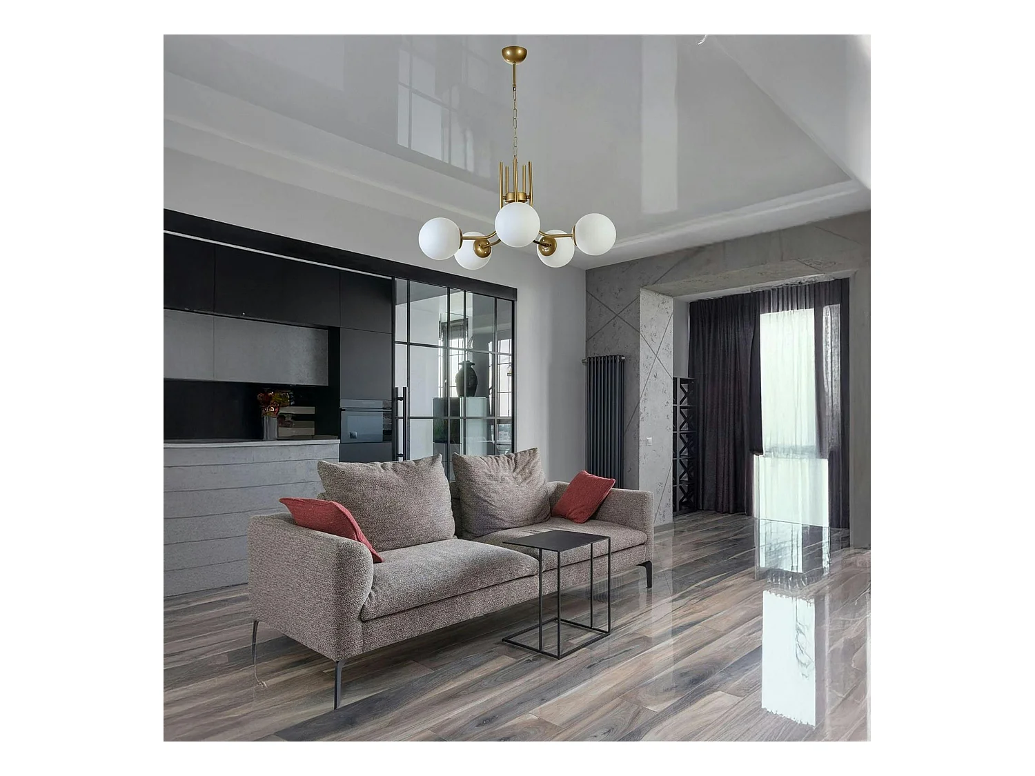 Suspension art déco dorée, 5 globes verre dépoli SIERRE