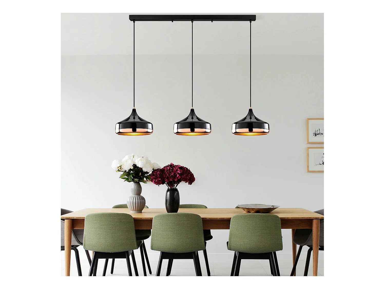 Suspension de table noire & cuivre, 3 abat-jour évasés SILE