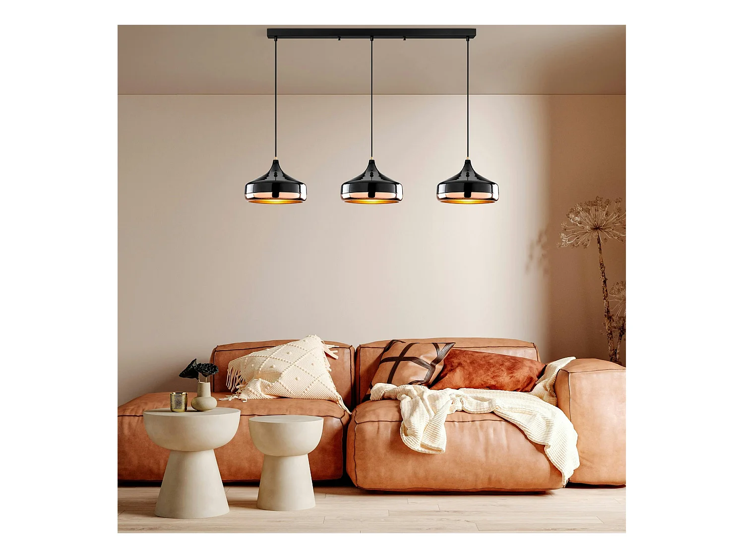 Suspension de table noire & cuivre, 3 abat-jour évasés SILE