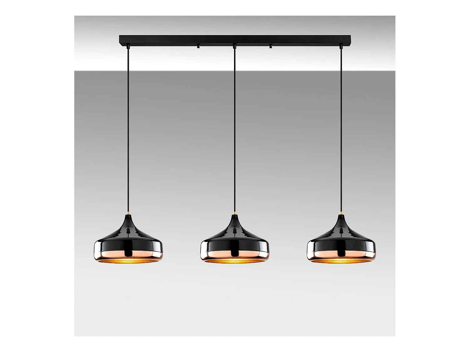 Suspension de table noire & cuivre, 3 abat-jour évasés SILE