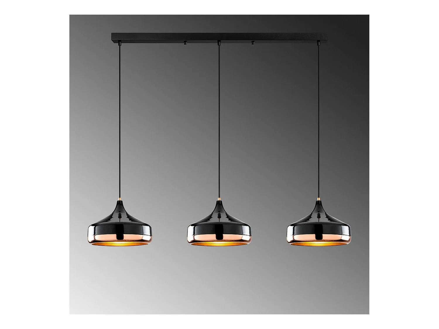 Suspension de table noire & cuivre, 3 abat-jour évasés SILE