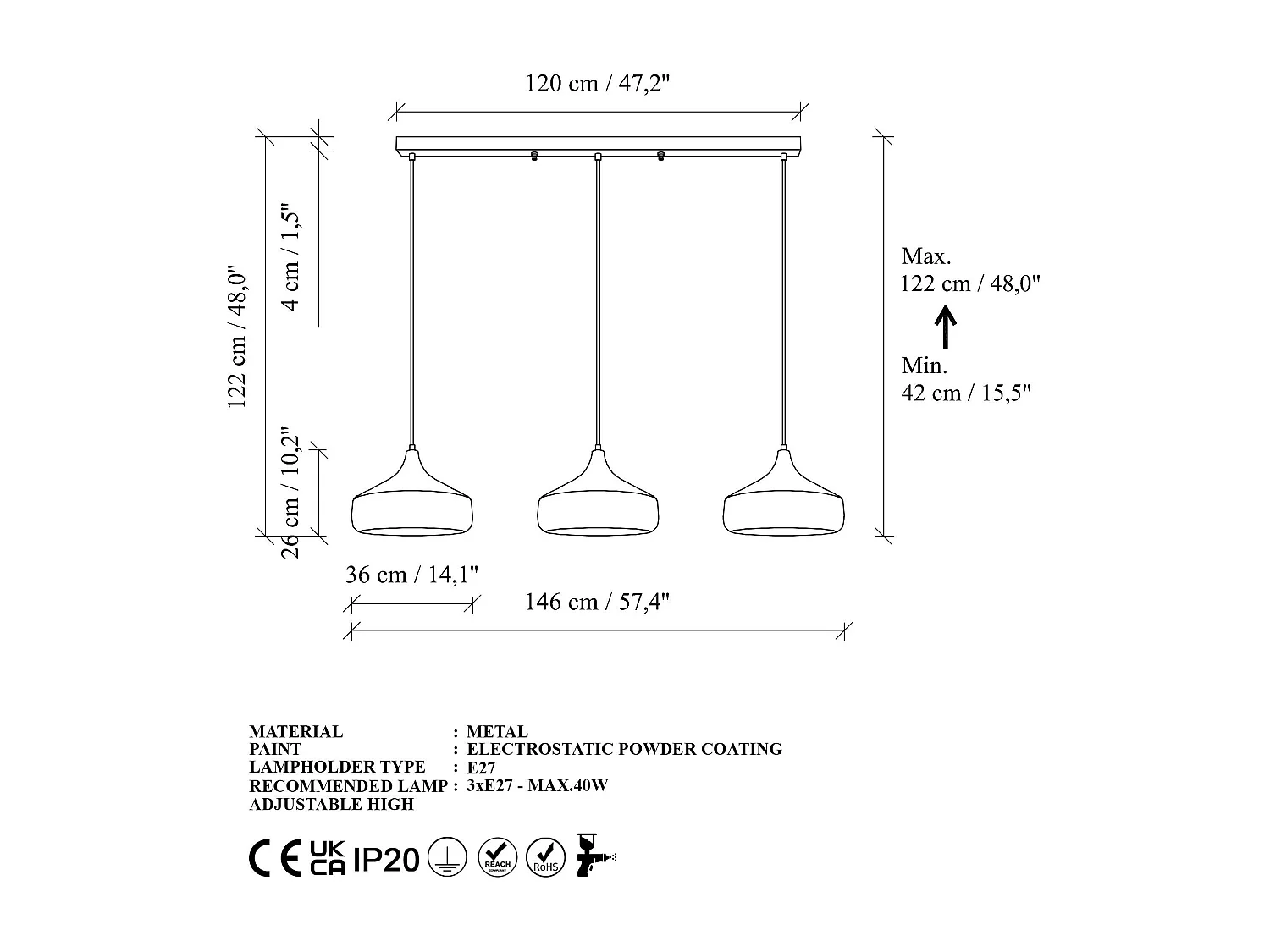 Suspension de table noire & cuivre, 3 abat-jour évasés SILE