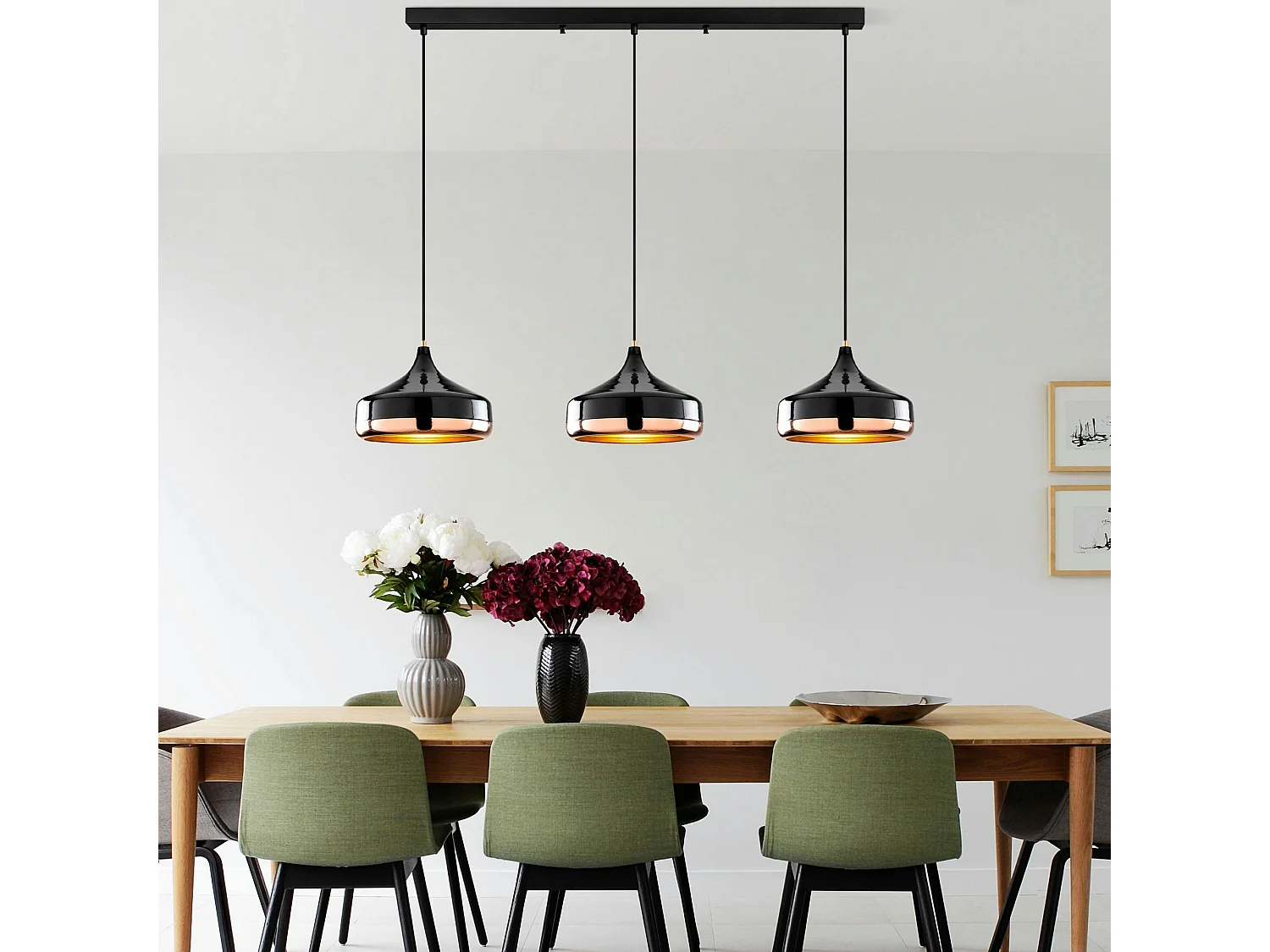 Suspension de table noire & cuivre, 3 abat-jour évasés SILE