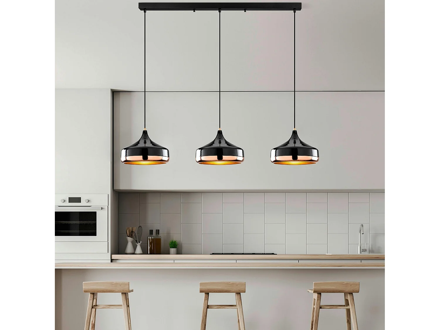 Suspension de table noire & cuivre, 3 abat-jour évasés SILE