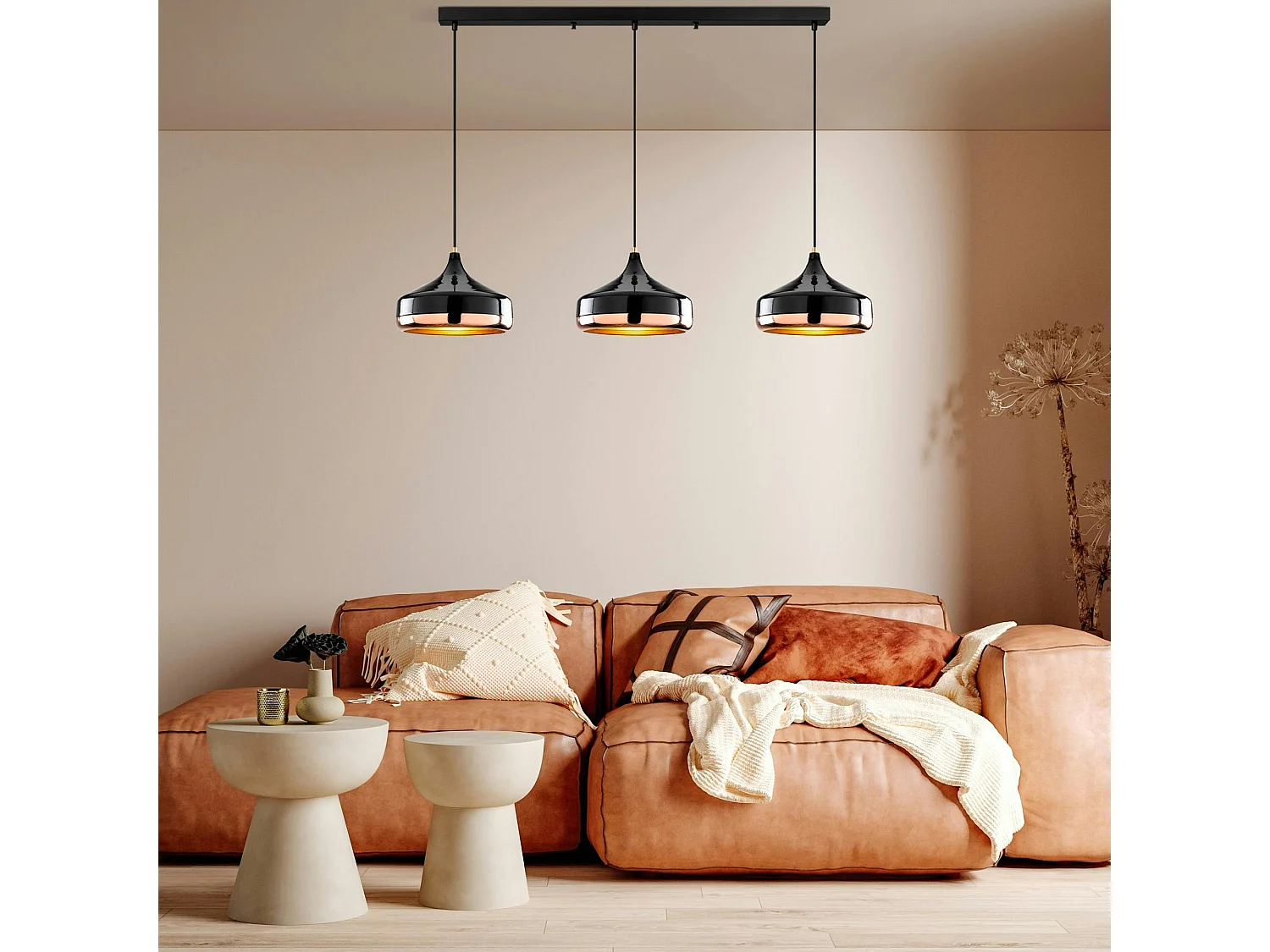 Suspension de table noire & cuivre, 3 abat-jour évasés SILE
