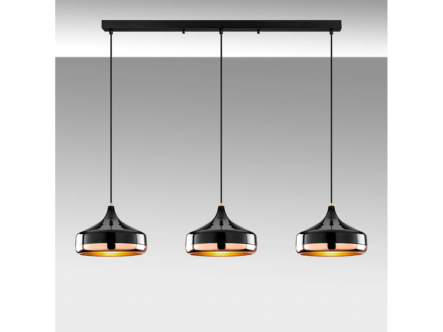 Suspension de table noire & cuivre, 3 abat-jour évasés SILE