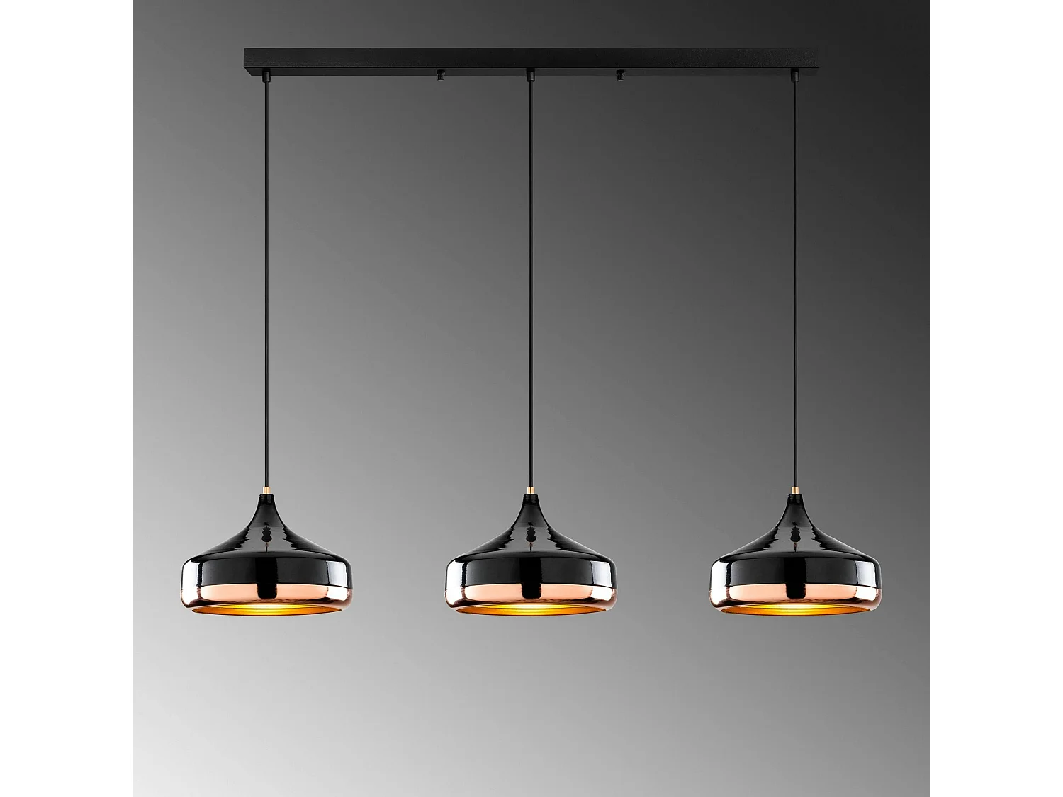Suspension de table noire & cuivre, 3 abat-jour évasés SILE