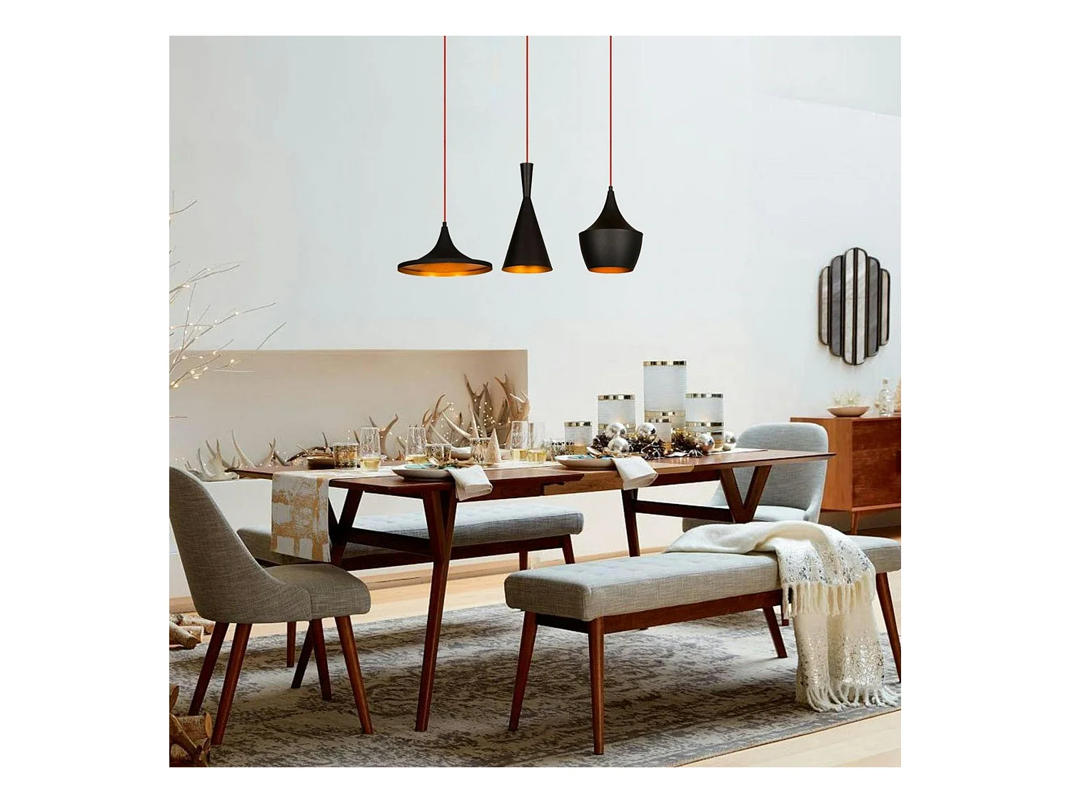 Suspension cuisine noire mat câble rouge, 3 formes SILE