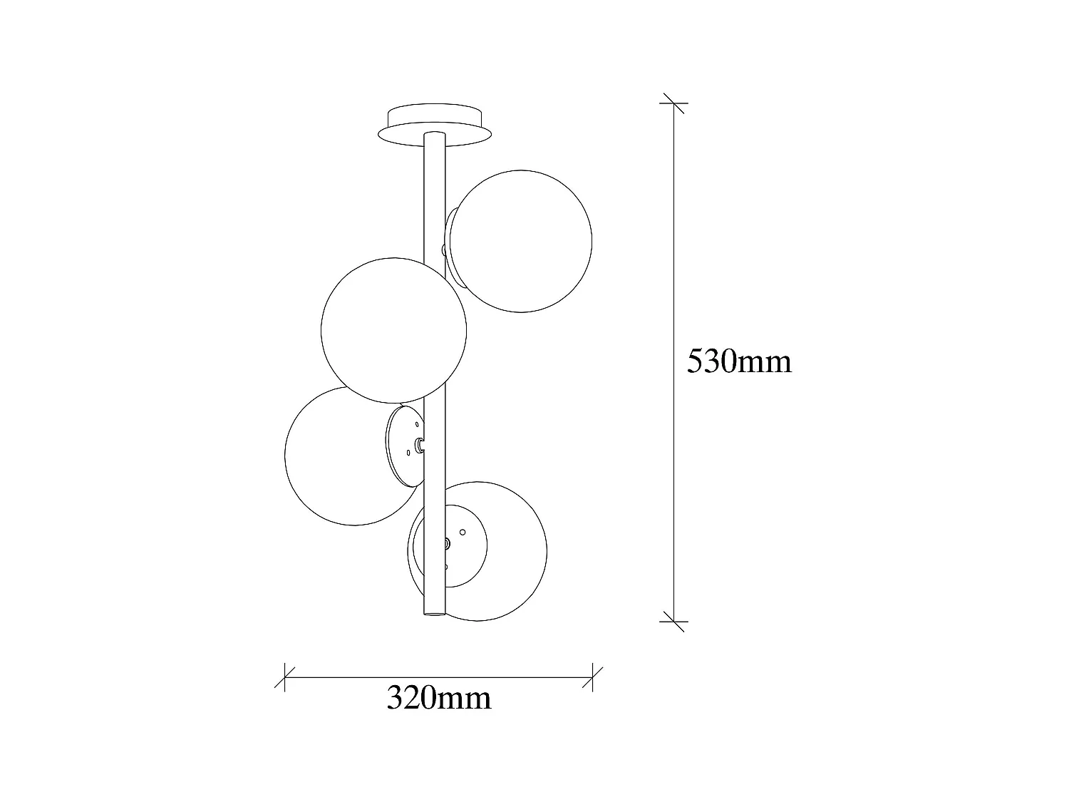 Plafonnier vintage métal doré 4 globes verre dépoli SIERRE