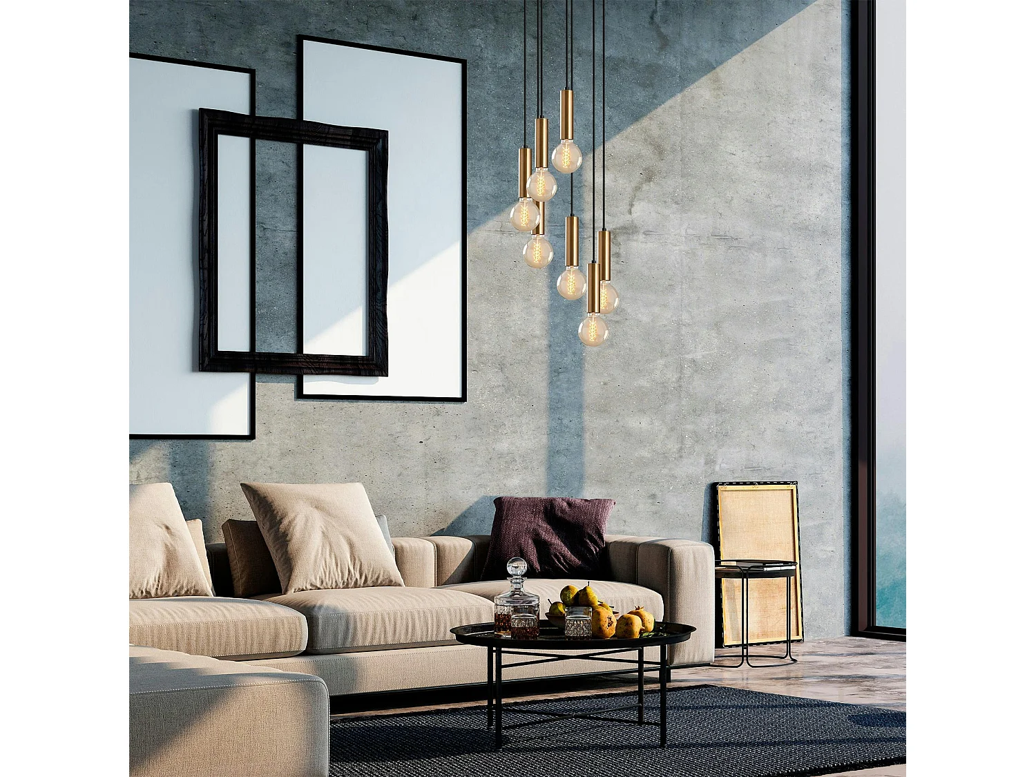 Suspension grappe vintage noir et or 7 lampes SILE