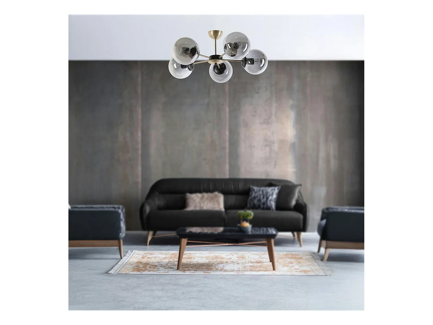 Suspension moderne de salon, 5 globes verre fumé SIERRE