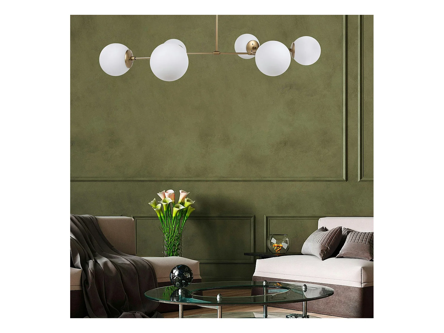 Suspension design dorée 6 globes verre dépoli SIERRE