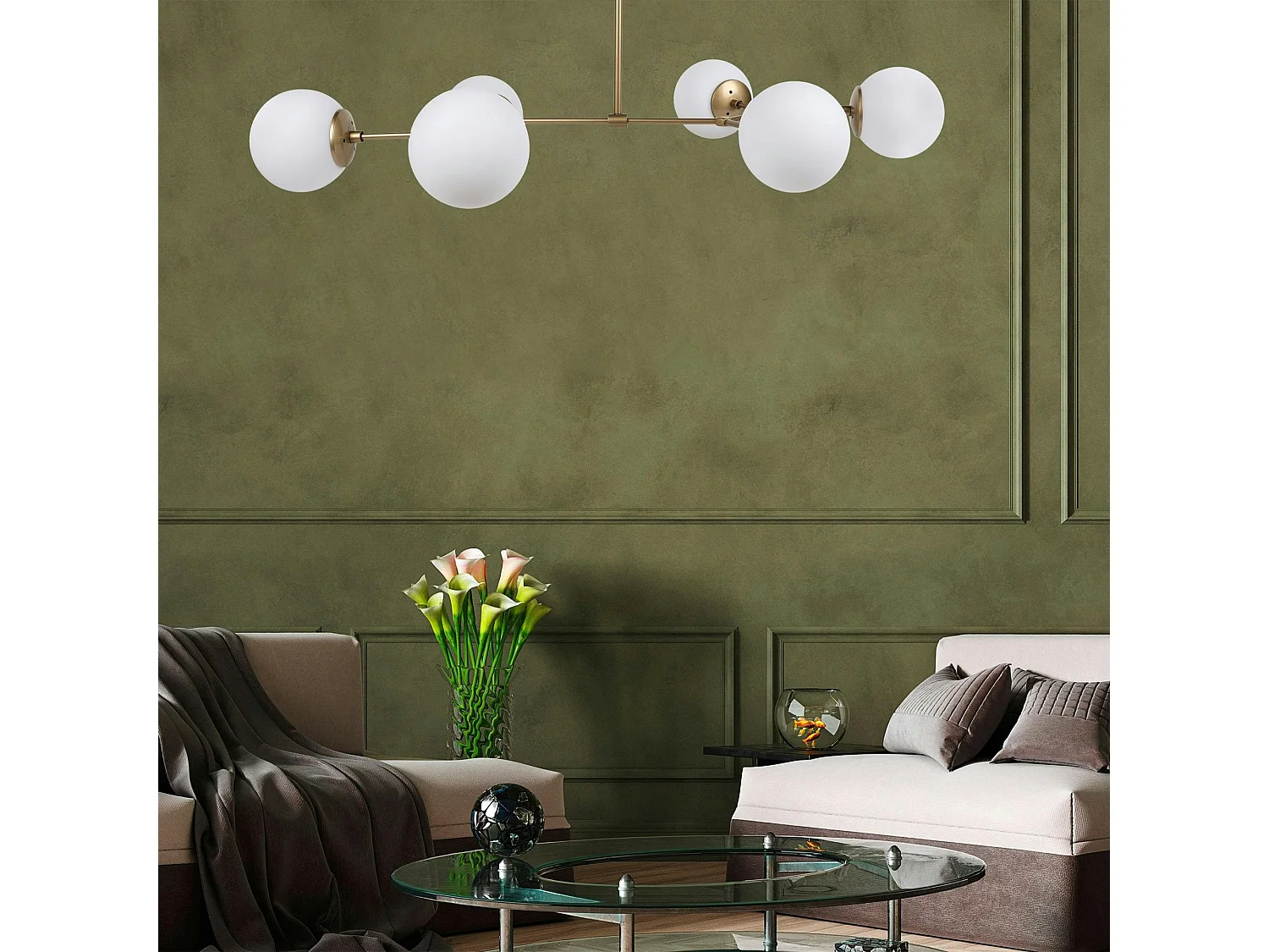 Suspension design dorée 6 globes verre dépoli SIERRE