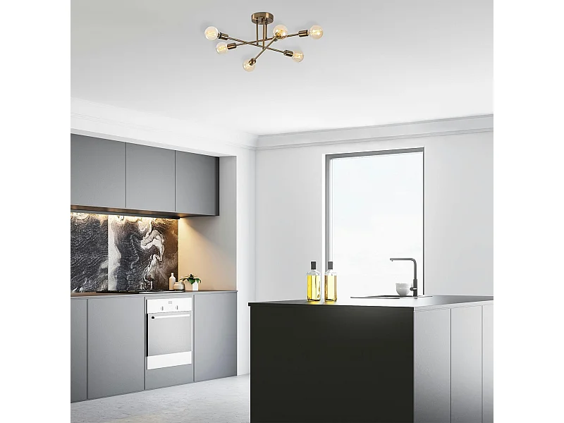 Plafonnier design doré, 6 lampes sur tiges MARATEA