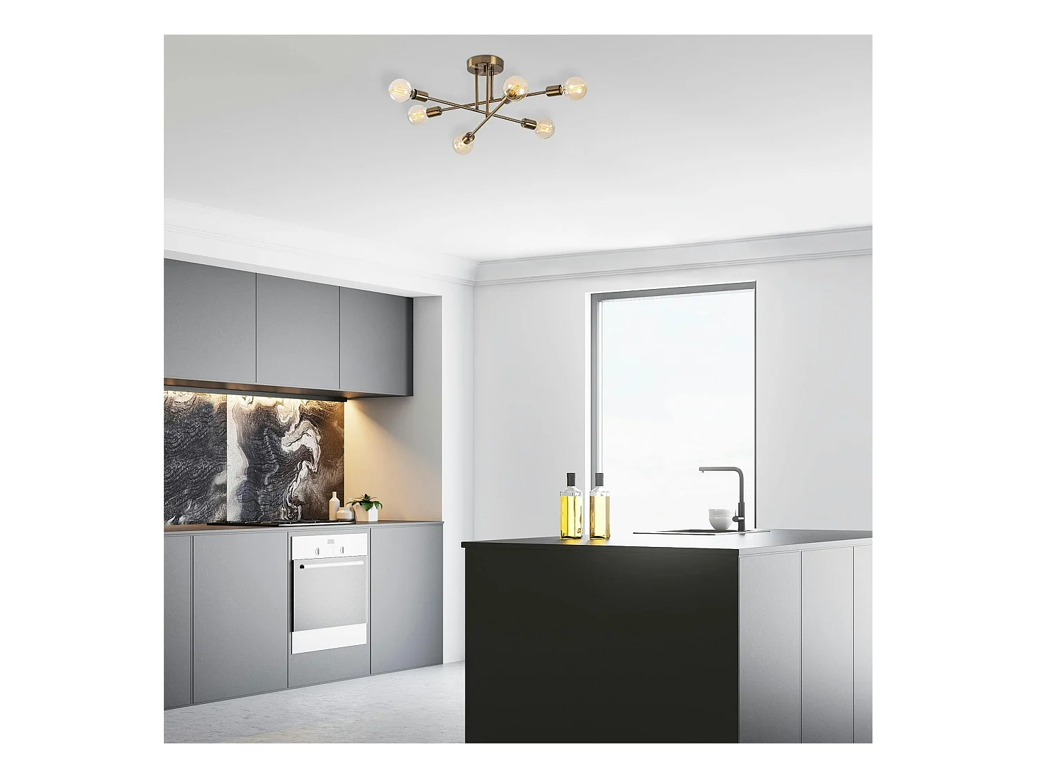 Plafonnier design doré, 6 lampes sur tiges MARATEA