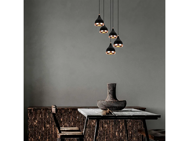 Suspension grappe moderne noire & cuivre, 5 abat-jour SILE