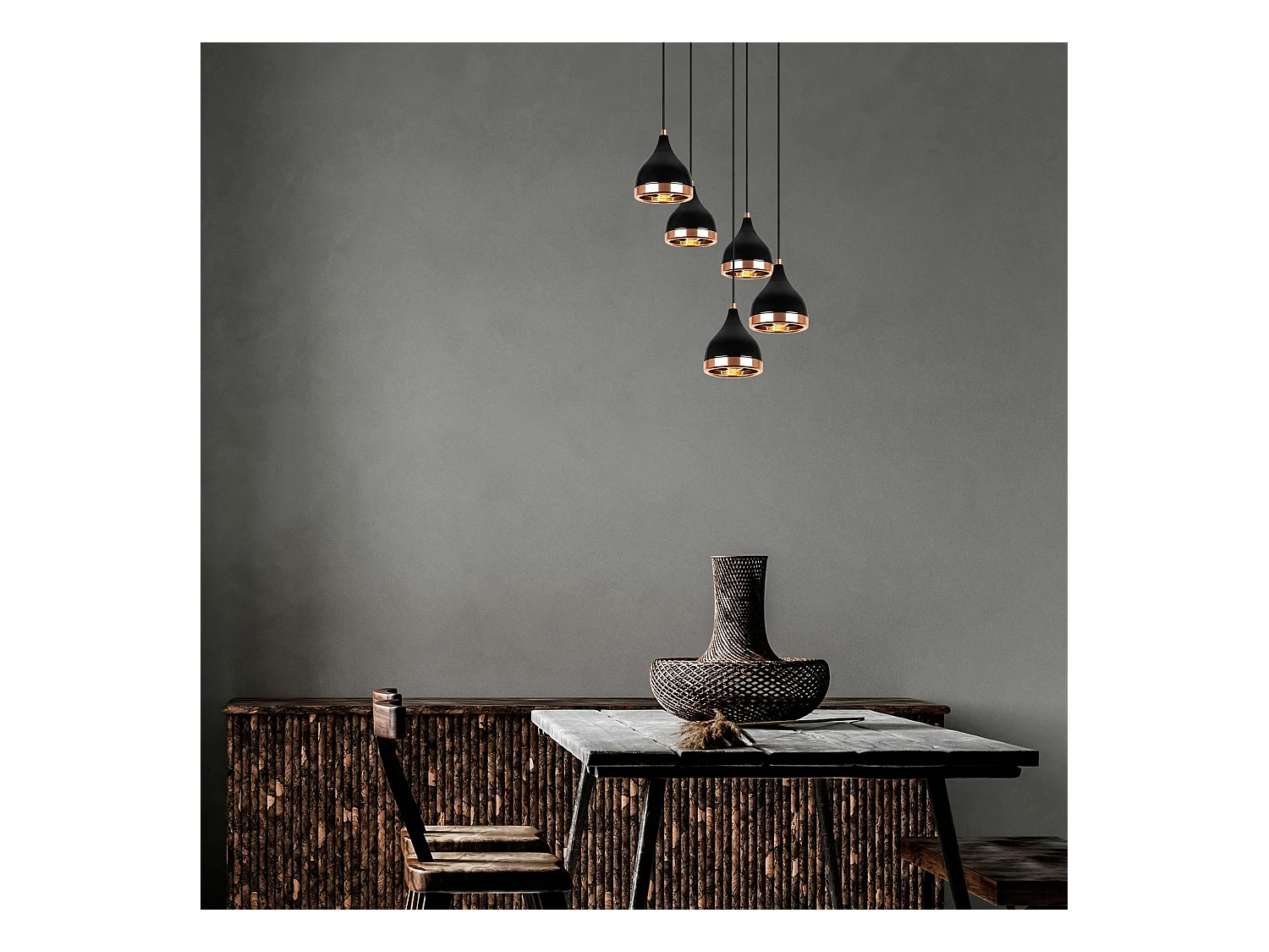 Suspension grappe moderne noire & cuivre, 5 abat-jour SILE