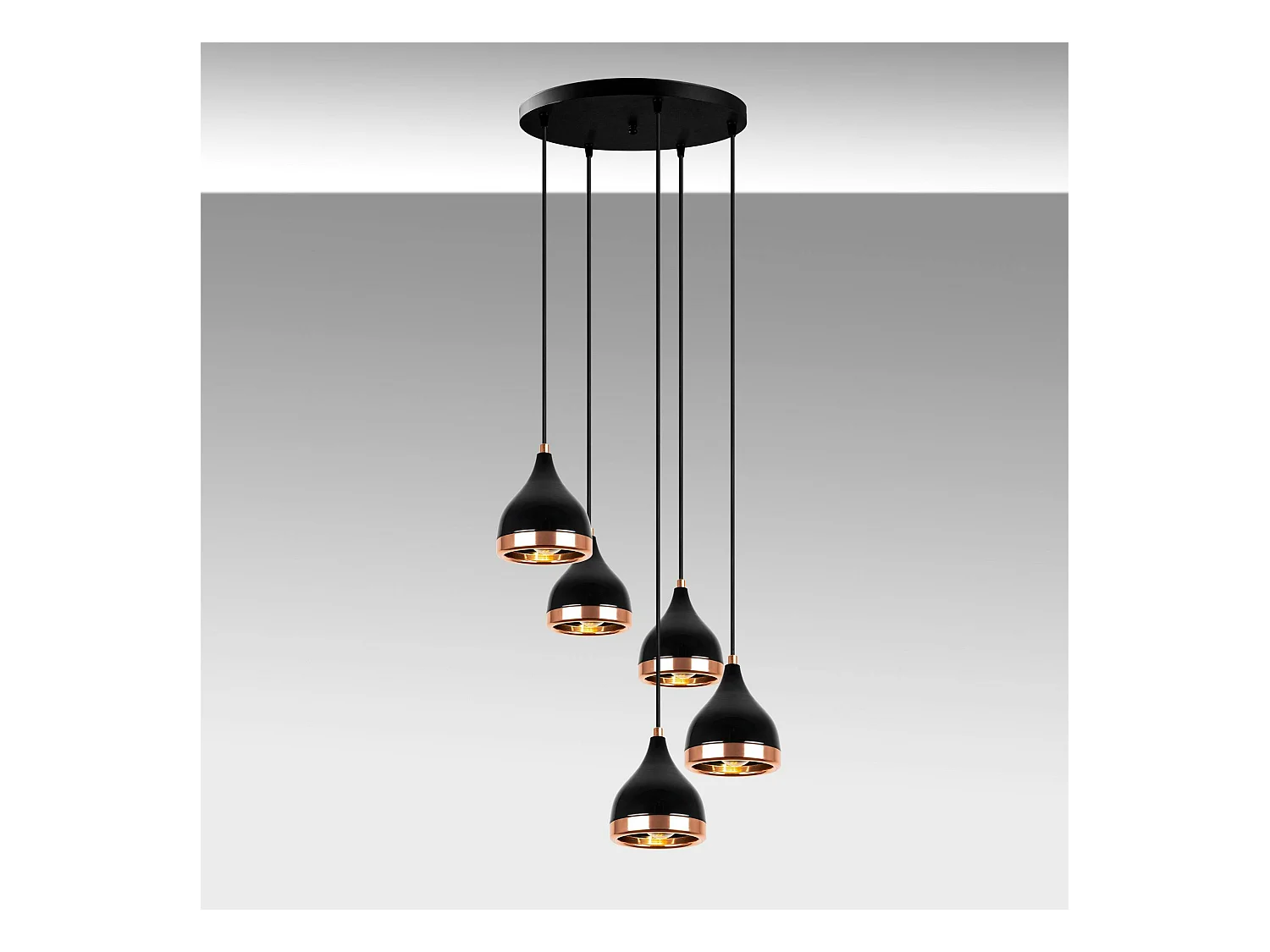 Suspension grappe moderne noire & cuivre, 5 abat-jour SILE