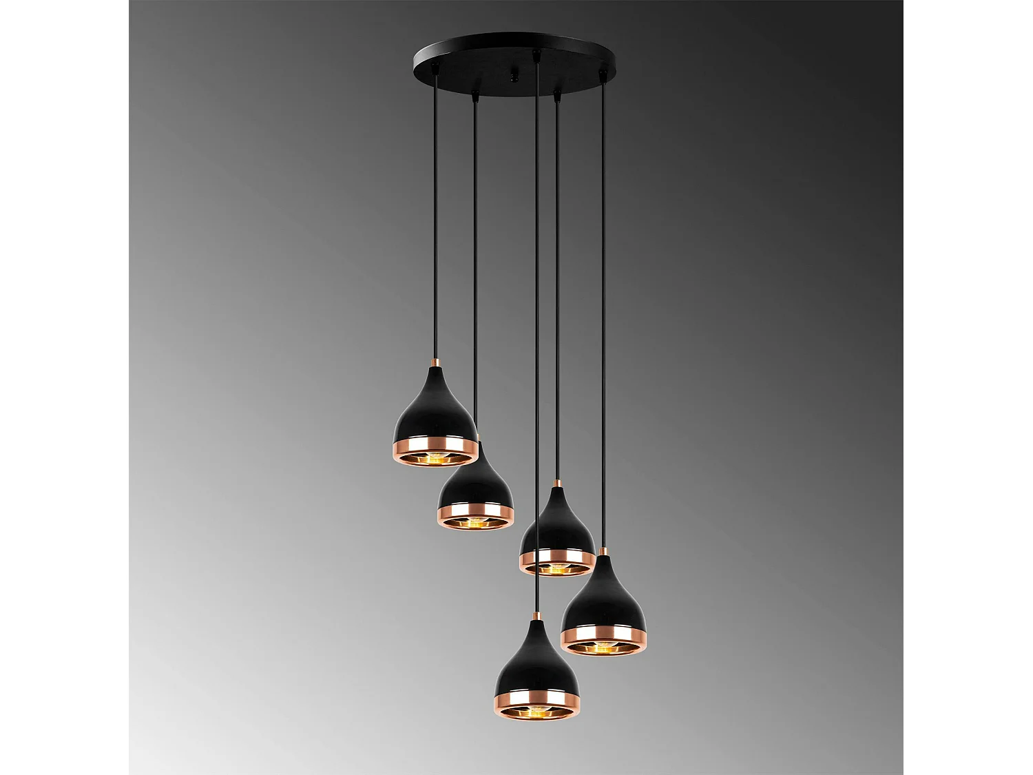 Suspension grappe moderne noire & cuivre, 5 abat-jour SILE