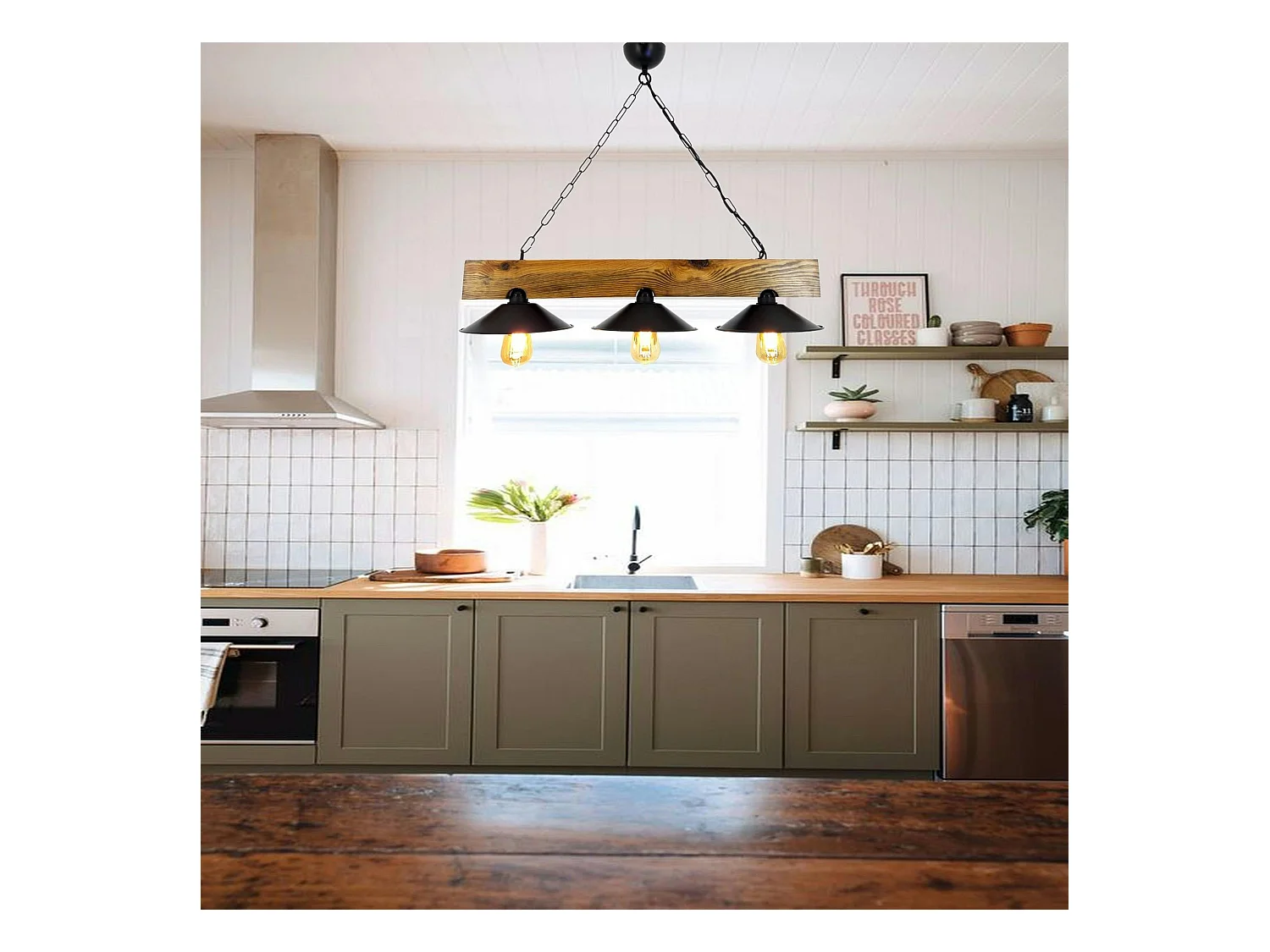 Suspension industrielle bois métal, 3 abat-jour noirs CAMOGLI