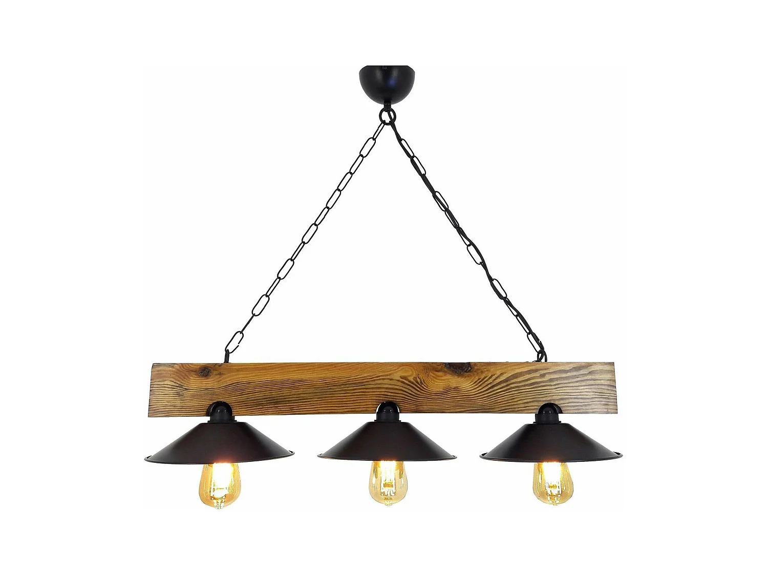 Suspension industrielle bois métal, 3 abat-jour noirs CAMOGLI