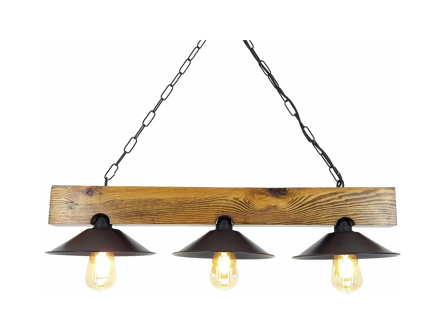 Suspension industrielle bois métal, 3 abat-jour noirs CAMOGLI