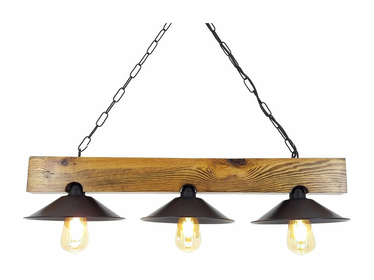 Suspension industrielle bois métal, 3 abat-jour noirs CAMOGLI