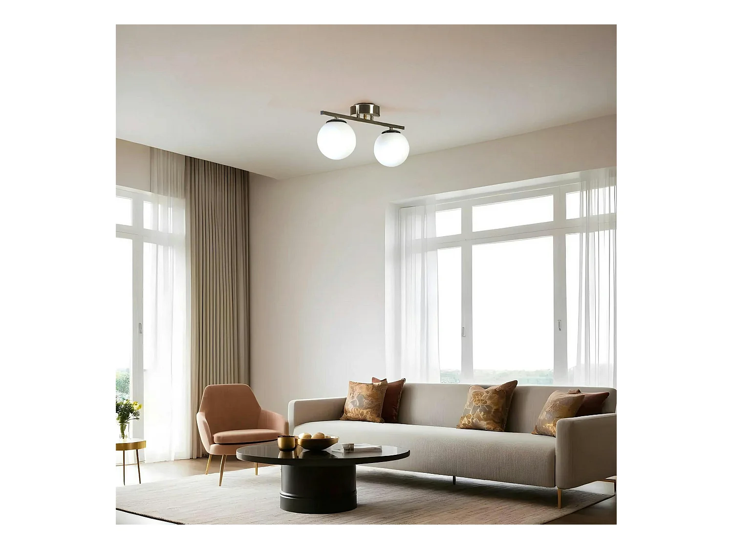 Plafonnier moderne en métal 2 globes verre dépoli SIERRE