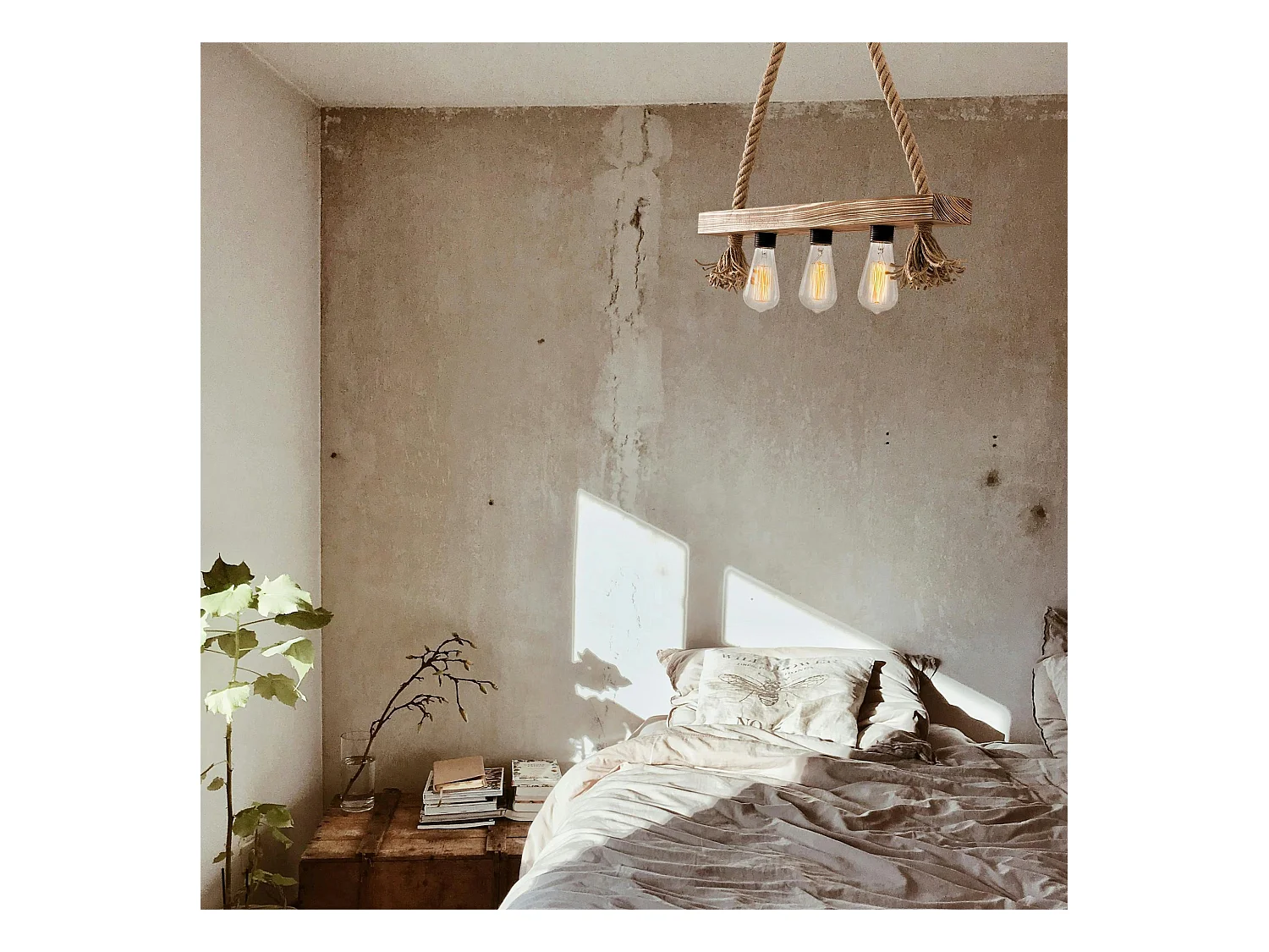 Suspension industrielle bois & corde - 3 ampoules CAMOGLI