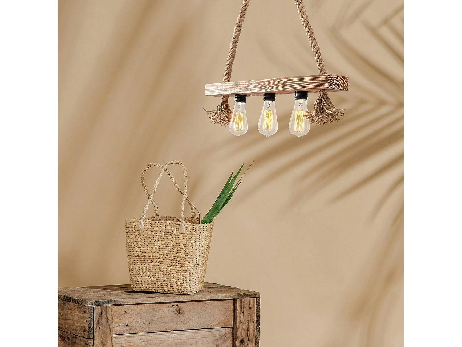 Suspension industrielle bois & corde - 3 ampoules CAMOGLI