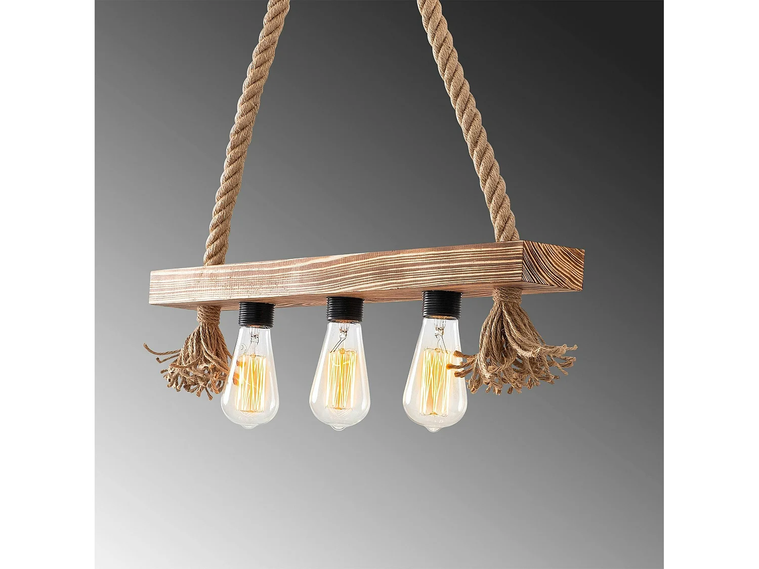 Suspension industrielle bois & corde - 3 ampoules CAMOGLI