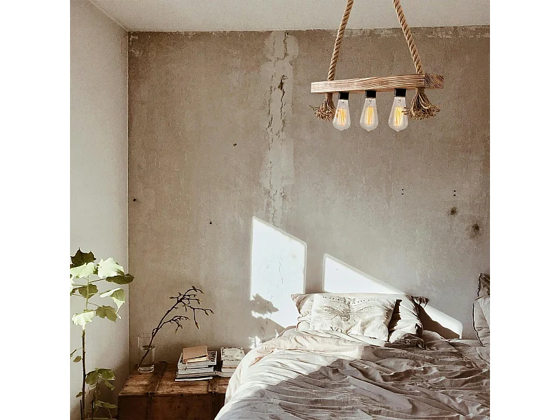 Suspension industrielle bois & corde - 3 ampoules CAMOGLI
