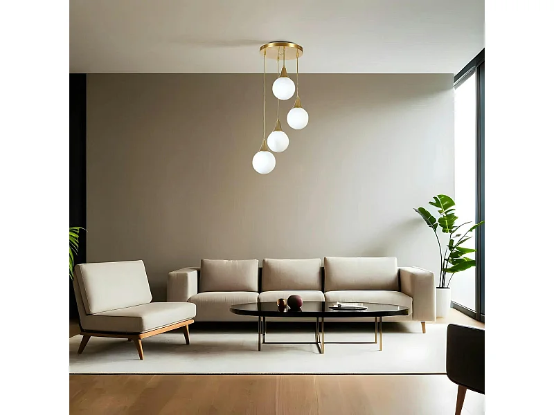 Suspension moderne dorée 4 globes verre dépoli SIERRE