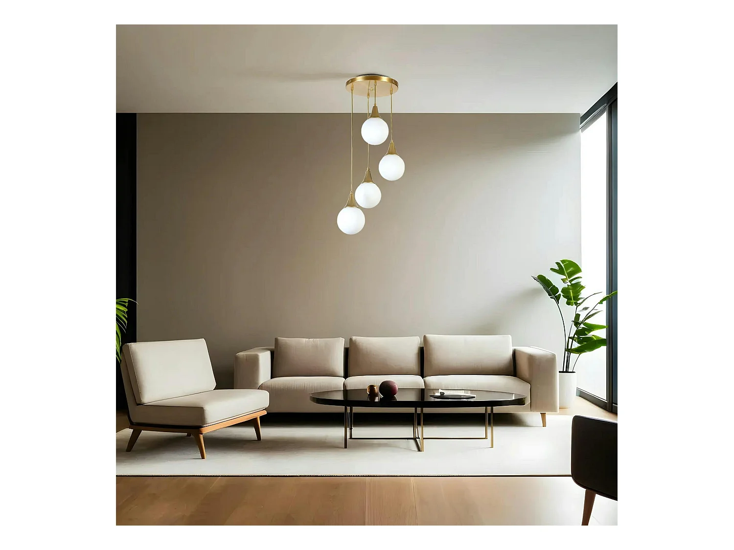 Suspension moderne dorée 4 globes verre dépoli SIERRE