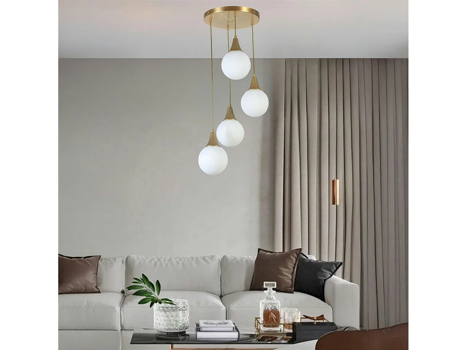 Suspension moderne dorée 4 globes verre dépoli SIERRE