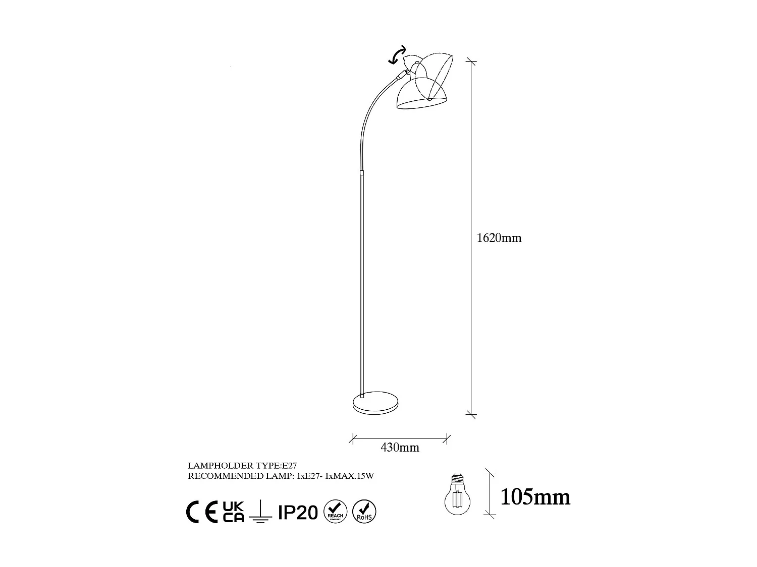 Lampadaire vintage cuivré avec abat-jour orientable SILE