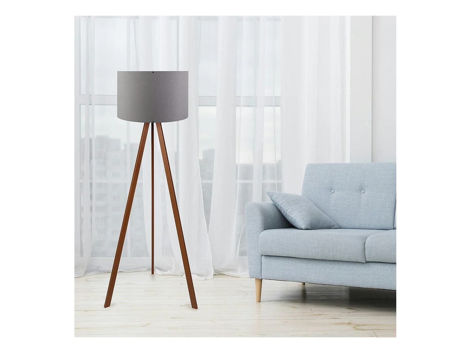 Lampadaire trépied effet bois noyer, abat-jour gris KILIS