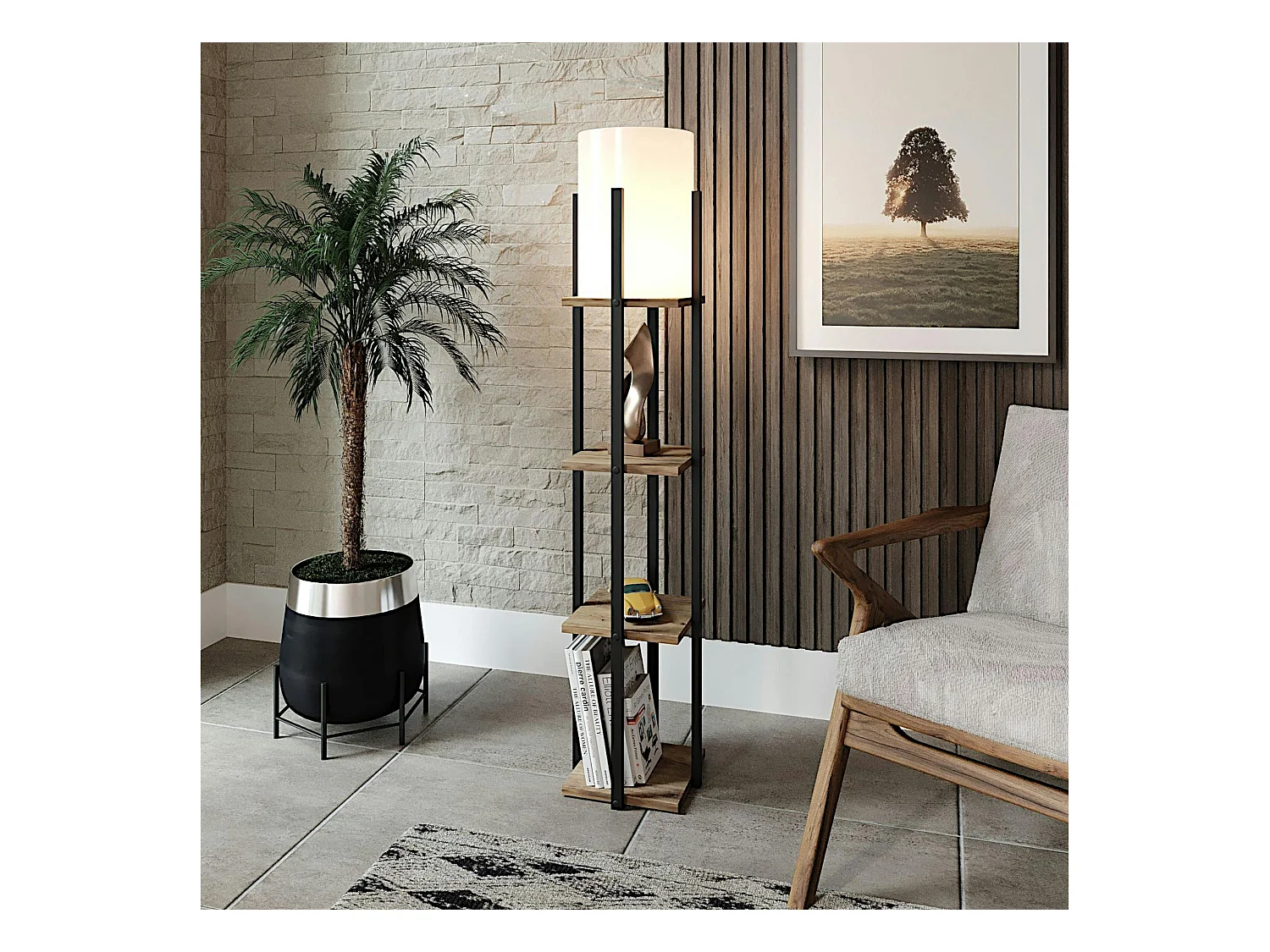 Lampadaire moderne décoratif avec étagères carrées effet bois KILIS